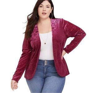 Torrid 0 Velvet Burnout Open Front Blazer Red L Whimsigoth Fairy Grunge Witchy